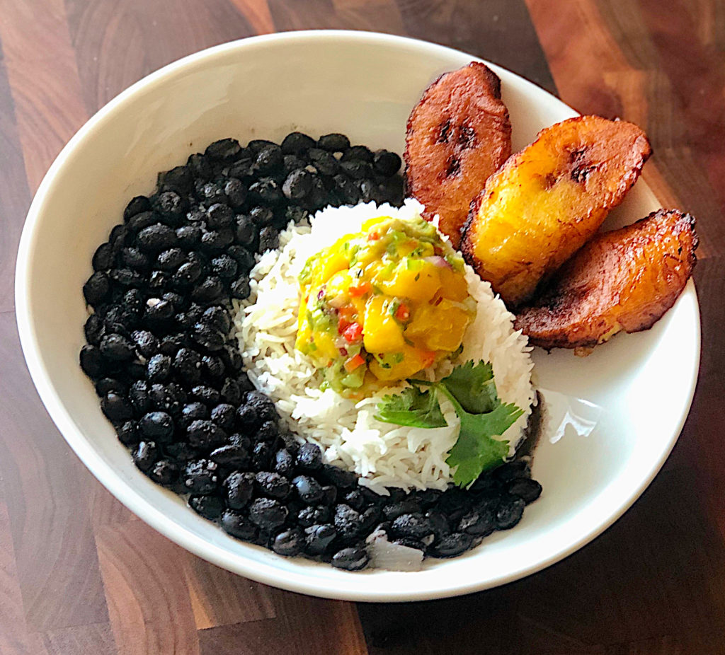 Cuban black beans, sweet plantains, coconut rice, and mango salsa