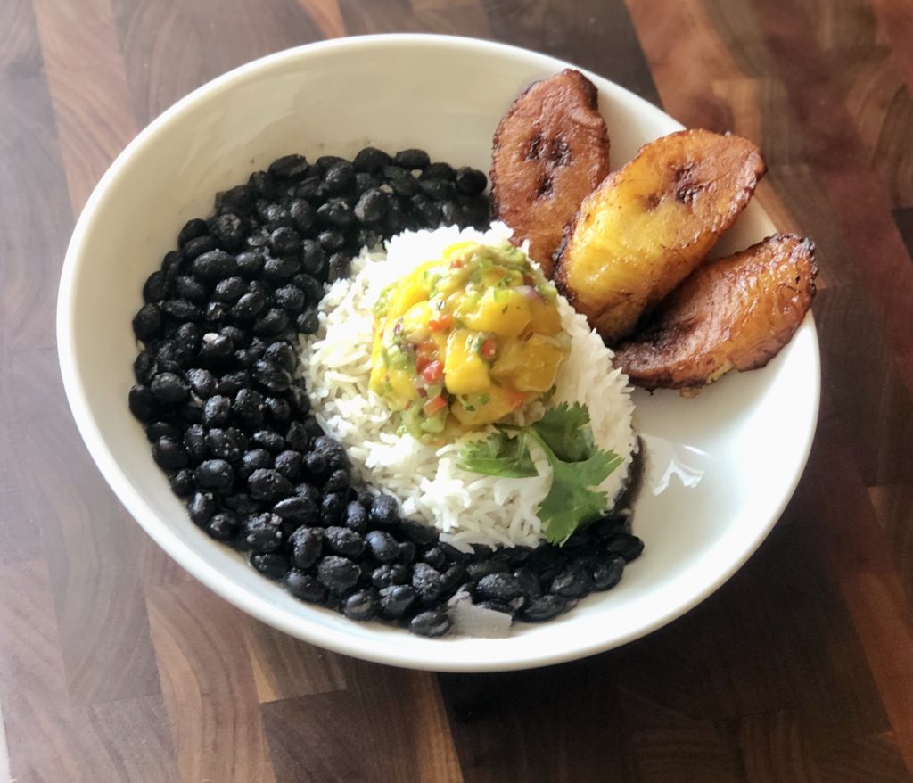 Cuban Black Beans, Sweet Plantains, served with Coconut Rice and Mango Salsa