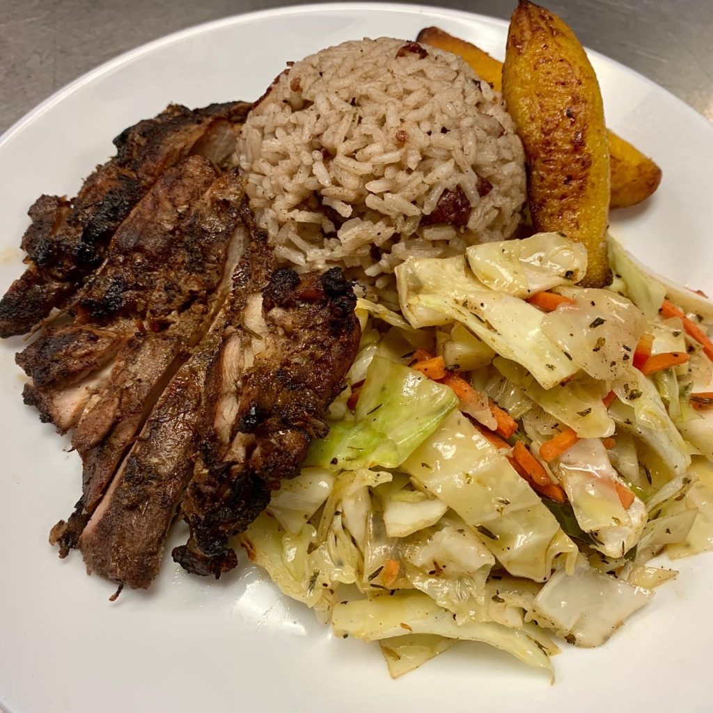 Jerk Chicken with Jamaican Rice & Peas, and Braised Cabbage