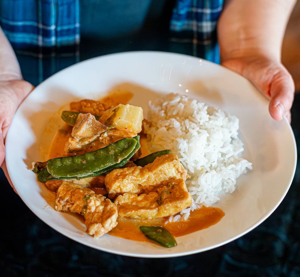 Thai Red Curry with Tofu and Vegetables, on Rice.