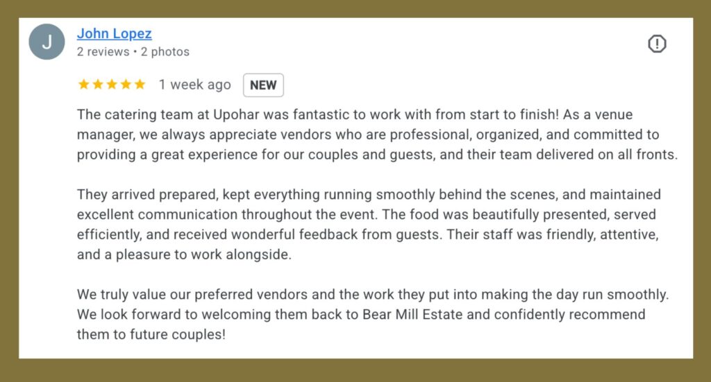 Venue manager's review of Upohar's catering services